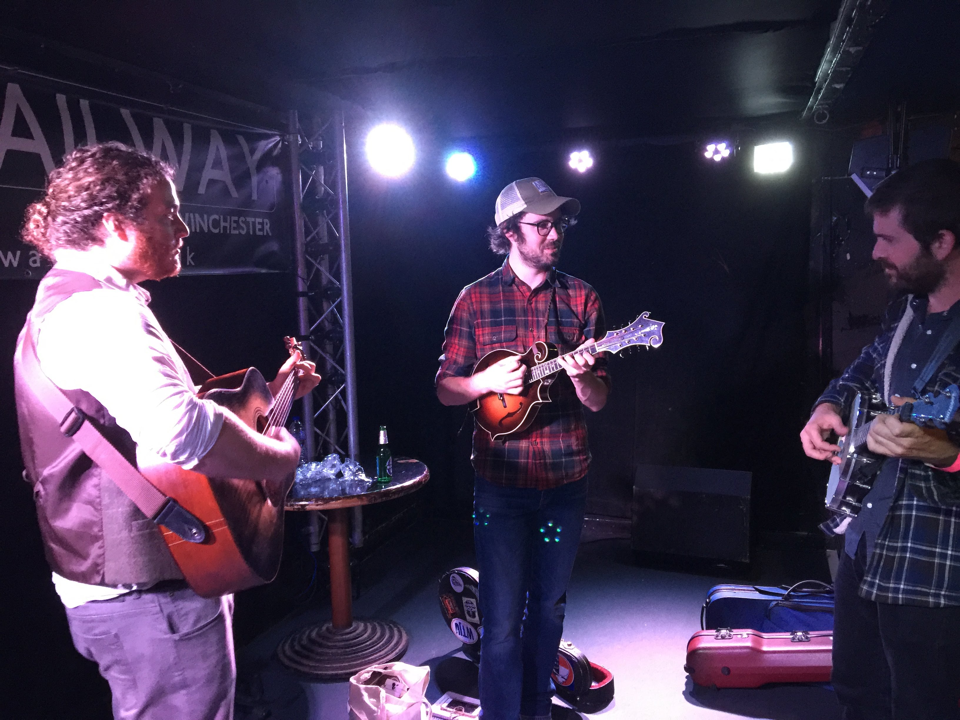 Charlie Jonas picking with Andrew Marlin and Josh Oliver of Watchhouse (Mandolin Orange) after opening for them in Winchester, UK